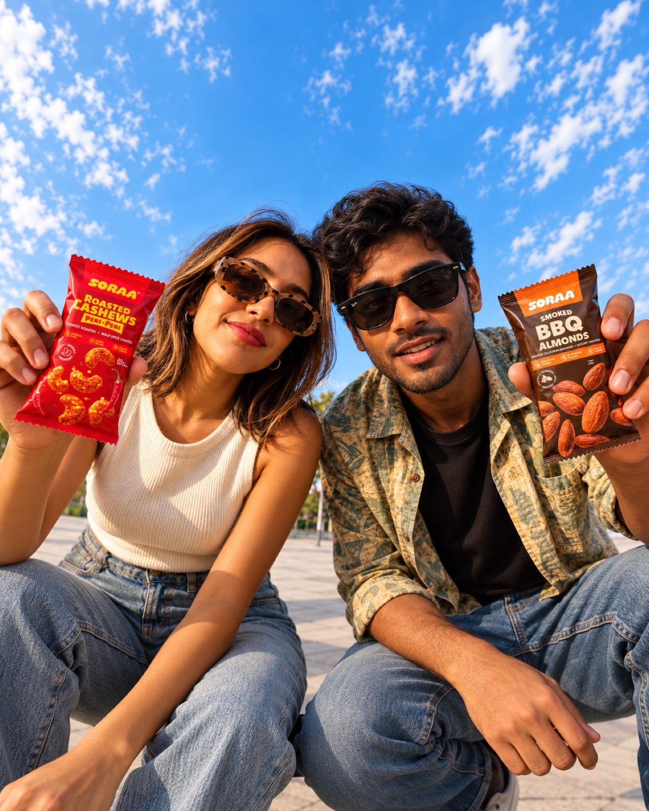 A woman and man holding SORAA Peri-Peri Cashews and BBQ Almonds beneath a blue sky