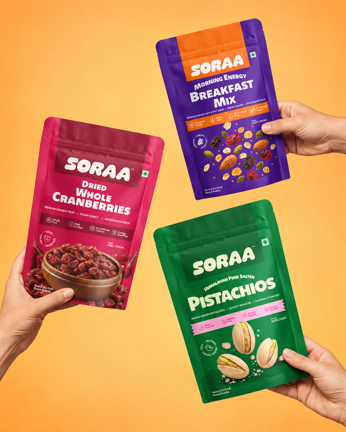 SORAA nuts and snack mixes arranged on stone display blocks