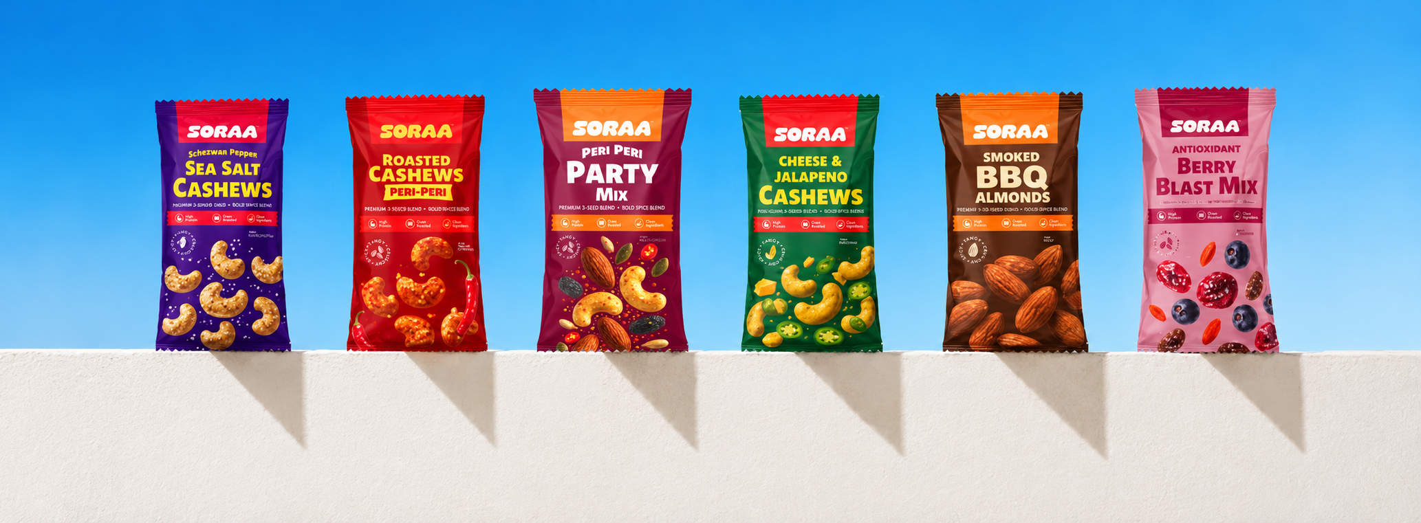 A lineup of SORAA snack packs